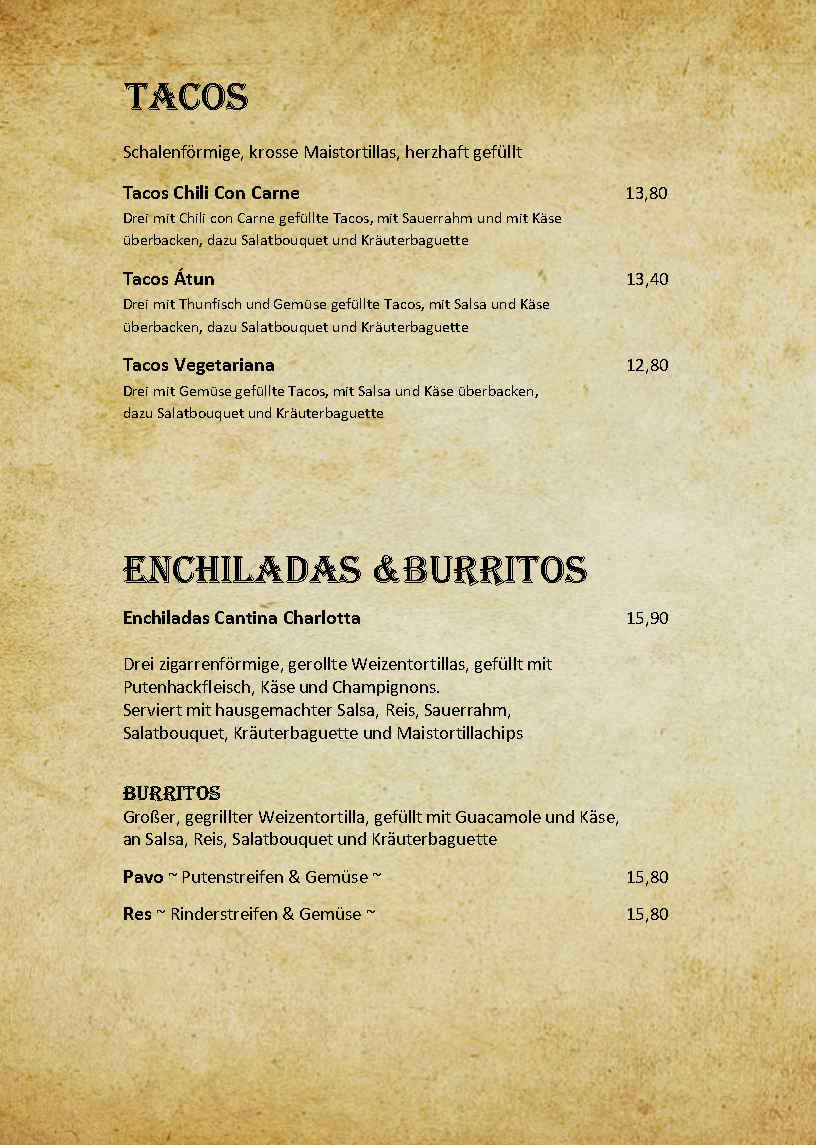 Cantina Charlotta Speisekarte